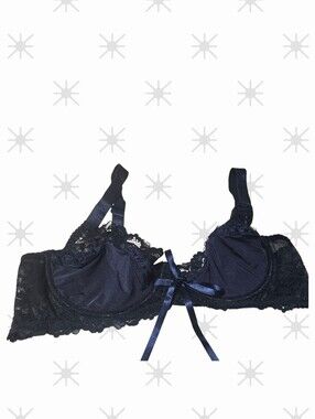 Lace Trim Satin Underwire Bra - Navy